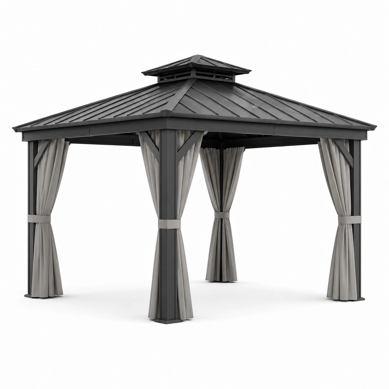 Pavillon en aluminium avec toit en métal et rideaux en polyester