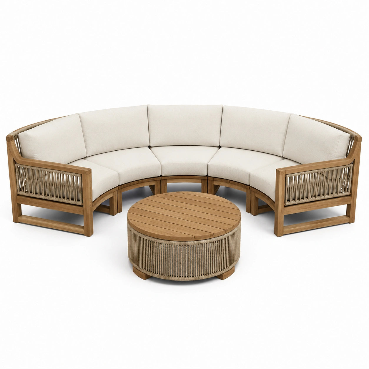 Ensemble de canapé d'angle en bois et corde beige crème avec table ronde