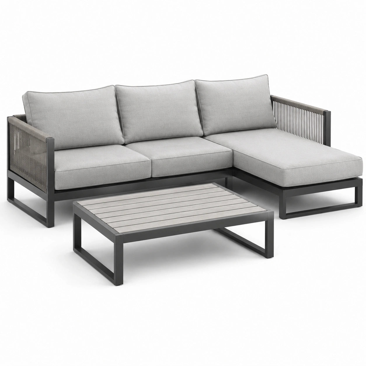 Ensemble de jardin en aluminium et polyester gris clair avec table basse