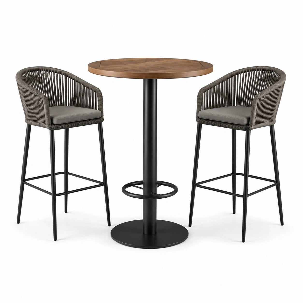 Table haute ronde bois avec 2 tabourets en métal et corde polyéthylène gris