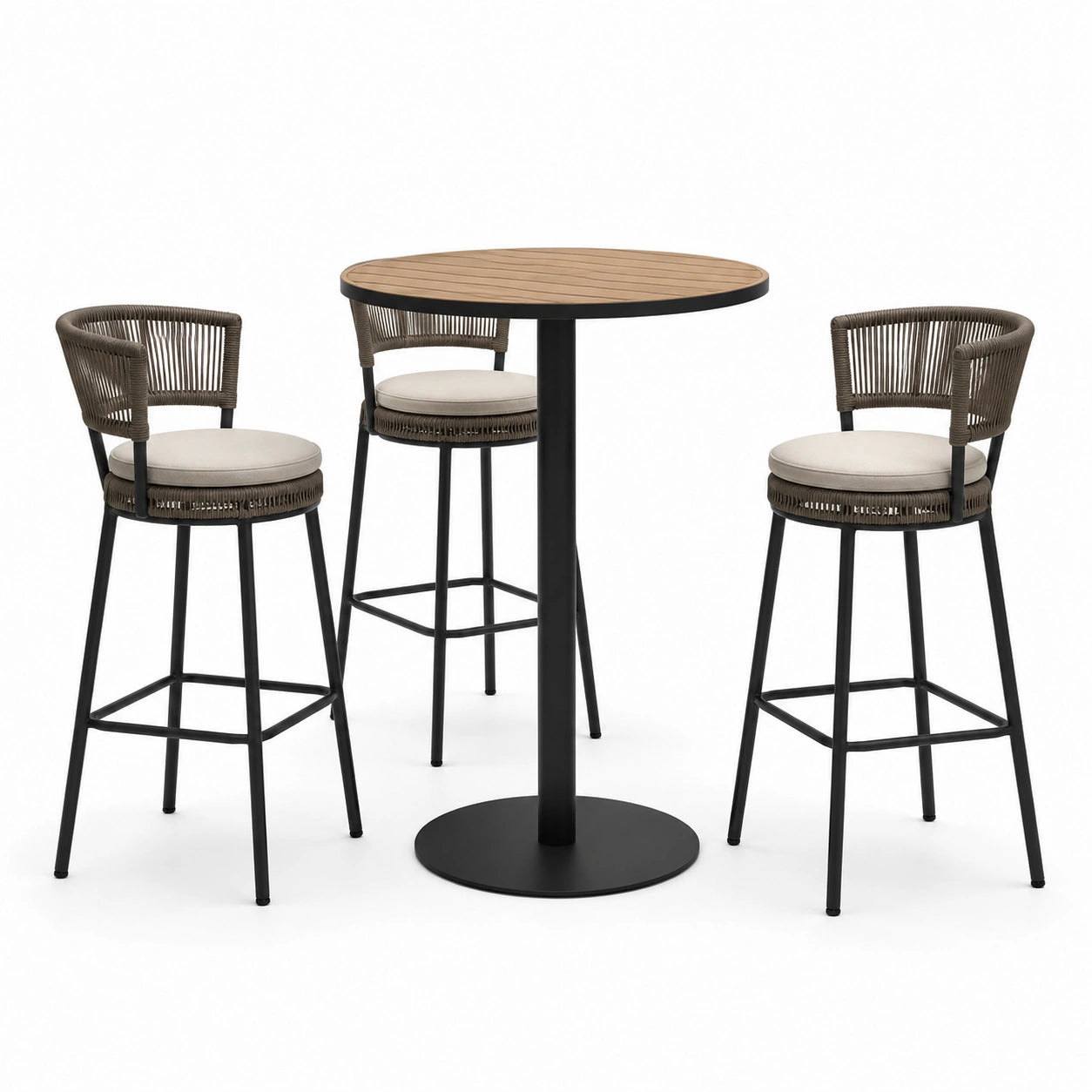 Ensemble table ronde en bois et métal avec tabourets en corde et coussins beige